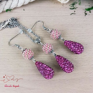 Magenta kristály shamballa stílusú kristály csepp és fűzött bogyó nyaklánc fülbevaló szett - ékszer - ékszerszett - Meska.hu