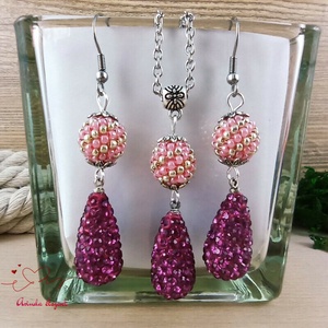 Magenta kristály shamballa stílusú kristály csepp és fűzött bogyó nyaklánc fülbevaló szett - ékszer - ékszerszett - Meska.hu