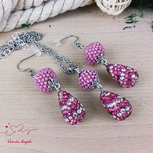 Magenta kristály shamballa stílusú kristály csepp és fűzött bogyó nyaklánc fülbevaló szett - ékszer - ékszerszett - Meska.hu