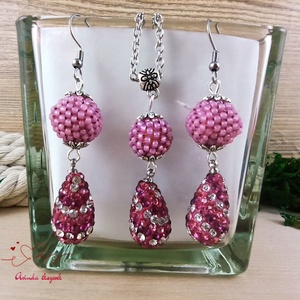 Magenta kristály shamballa stílusú kristály csepp és fűzött bogyó nyaklánc fülbevaló szett - ékszer - ékszerszett - Meska.hu