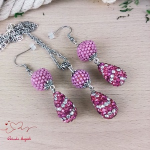 Magenta kristály shamballa stílusú kristály csepp és fűzött bogyó nyaklánc fülbevaló szett - ékszer - ékszerszett - Meska.hu