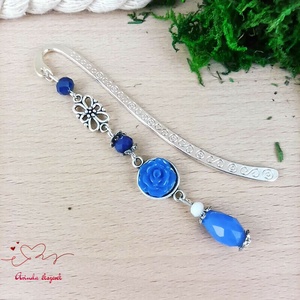 Sötétkék apró rózsa könyvjelző ezüst alappal cseppel - könyv & zene - könyvjelző - Meska.hu