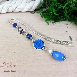 Sötétkék apró rózsa könyvjelző ezüst alappal cseppel - könyv & zene - könyvjelző - Meska.hu