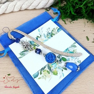 Sötétkék apró rózsa könyvjelző ezüst alappal cseppel - könyv & zene - könyvjelző - Meska.hu