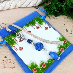 Sötétkék apró rózsa könyvjelző ezüst alappal cseppel - könyv & zene - könyvjelző - Meska.hu