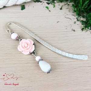 Rózsaszín nagy rózsa könyvjelző tibeti ezüst alappal cseppel - könyv & zene - könyvjelző - Meska.hu