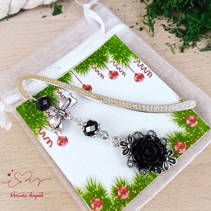 Fekete nagy rózsa könyvjelző tibeti ezüst alappal szürke és fekete gyöngyökkel masnival - könyv & zene - könyvjelző - Meska.hu