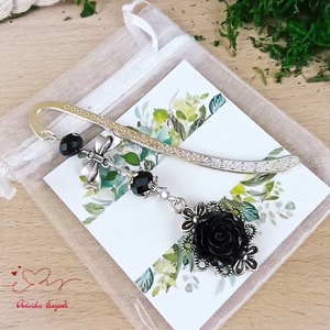 Fekete nagy rózsa könyvjelző tibeti ezüst alappal szürke és fekete gyöngyökkel masnival - könyv & zene - könyvjelző - Meska.hu