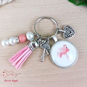 Flamingó rózsaszín bojtos üveglencsés kulcstartó táskadísz  - táska & tok - kulcstartó & táskadísz - táskadísz - Meska.hu