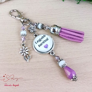 Legjobb barátnő feliratos lila bojtos üveglencsés kulcstartó táskadísz  - táska & tok - kulcstartó & táskadísz - kulcstartó - Meska.hu