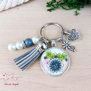 Színes virágok szürke bojtos üveglencsés kulcstartó táskadísz pedagógusnak nőnek karácsonyra pedagógusnapra ajándék - táska & tok - kulcstartó & táskadísz - kulcstartó - Meska.hu