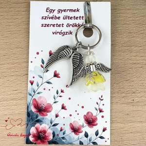 Óvónéni dadus ajándék tudatosság sárga angyal kulcstartó ajándékkártyával medállal szív angyal angyalszárny  - Meska.hu