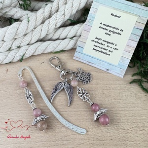 Pink rodonit ásvány angyal könyvjelző kulcstartó táskadísz szett , Könyv & Zene, Könyvjelző, Ékszerkészítés, Gyöngyfűzés, gyöngyhímzés, MESKA