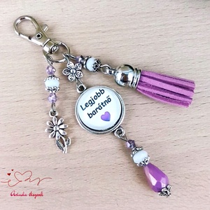 Legjobb barátnő feliratos lila bojtos üveglencsés kulcstartó táskadísz , Táska & Tok, Kulcstartó & Táskadísz, Kulcstartó, Ékszerkészítés, Gyöngyfűzés, gyöngyhímzés, MESKA