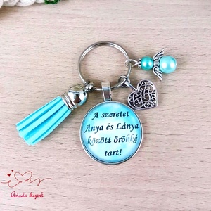 A szeretet anya és lánya között örökké tart kék bojtos üveglencsés kulcstartó táskadísz, Táska & Tok, Kulcstartó & Táskadísz, Táskadísz, Ékszerkészítés, Gyöngyfűzés, gyöngyhímzés, MESKA