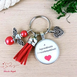A legcsodásabb keresztanyukának feliratos piros bojtos üveglencsés kulcstartó táskadísz - táska & tok - kulcstartó & táskadísz - kulcstartó - Meska.hu