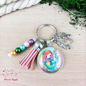 Sellő rózsaszín bojtos üveglencsés kulcstartó táskadísz , Táska & Tok, Kulcstartó & Táskadísz, Kulcstartó, Ékszerkészítés, Gyöngyfűzés, gyöngyhímzés, MESKA