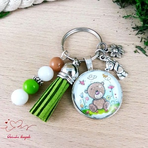 Mackó zöld bojtos üveglencsés kulcstartó táskadísz , Táska & Tok, Kulcstartó & Táskadísz, Kulcstartó, Ékszerkészítés, Gyöngyfűzés, gyöngyhímzés, MESKA