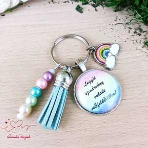 Legyél szivárvány valaki esőfelhőjében feliratos kék bojtos üveglencsés kulcstartó táskadísz , Táska & Tok, Kulcstartó & Táskadísz, Kulcstartó, Ékszerkészítés, Gyöngyfűzés, gyöngyhímzés, MESKA