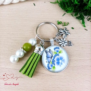 Lila pillangó zöld bojtos üveglencsés kulcstartó táskadísz , Táska & Tok, Kulcstartó & Táskadísz, Kulcstartó, Ékszerkészítés, Gyöngyfűzés, gyöngyhímzés, MESKA