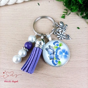 Lila pillangó lila bojtos üveglencsés kulcstartó táskadísz , Táska & Tok, Kulcstartó & Táskadísz, Kulcstartó, Ékszerkészítés, Gyöngyfűzés, gyöngyhímzés, MESKA