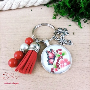 Piros pillangó piros bojtos üveglencsés kulcstartó táskadísz , Táska & Tok, Kulcstartó & Táskadísz, Kulcstartó, Ékszerkészítés, Gyöngyfűzés, gyöngyhímzés, MESKA