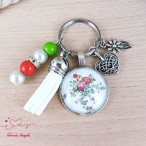 Rózsalugas fehér bojtos üveglencsés kulcstartó táskadísz , Táska & Tok, Kulcstartó & Táskadísz, Táskadísz, Ékszerkészítés, Gyöngyfűzés, gyöngyhímzés, MESKA