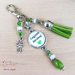 Legjobb barátnő feliratos zöld bojtos üveglencsés kulcstartó táskadísz , Táska & Tok, Kulcstartó & Táskadísz, Kulcstartó, Ékszerkészítés, Gyöngyfűzés, gyöngyhímzés, MESKA