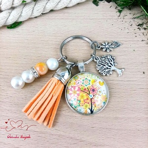 Életfa narancs bojtos üveglencsés kulcstartó táskadísz  - Meska.hu