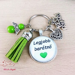 Legjobb barátnő feliratos üveglencsés kulcstartó táskadísz zöld angyallal és bojttal , Táska & Tok, Kulcstartó & Táskadísz, Kulcstartó, Ékszerkészítés, Gyöngyfűzés, gyöngyhímzés, MESKA