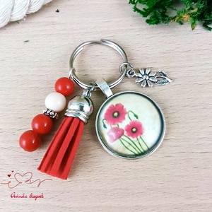Pipacs piros bojtos üveglencsés kulcstartó táskadísz , Táska & Tok, Kulcstartó & Táskadísz, Táskadísz, Ékszerkészítés, Gyöngyfűzés, gyöngyhímzés, MESKA