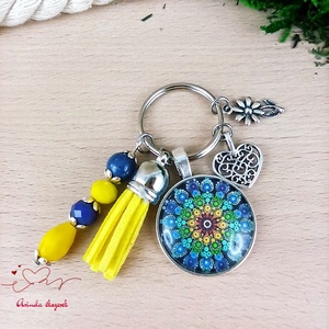 Kék mandala sárga bojtos üveglencsés kulcstartó táskadísz , Táska & Tok, Kulcstartó & Táskadísz, Kulcstartó, Ékszerkészítés, Gyöngyfűzés, gyöngyhímzés, MESKA