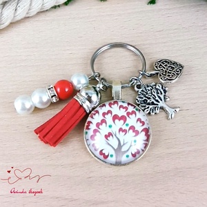 Szív életfa piros bojtos üveglencsés kulcstartó táskadísz , Táska & Tok, Kulcstartó & Táskadísz, Kulcstartó, Gyöngyfűzés, gyöngyhímzés, Ékszerkészítés, MESKA