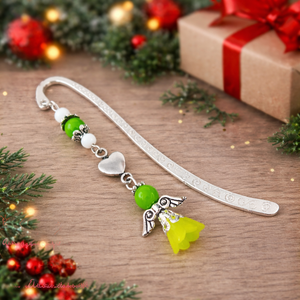 Angyal könyvjelző zöld gyöngyökkel - meghitt karácsonyi ajándék könyvszeretőknek, Könyv & Zene, Könyvjelző, Ékszerkészítés, Gyöngyfűzés, gyöngyhímzés, MESKA