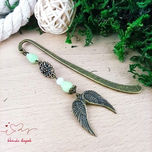 Dupla angyalszárny könyvjelző zöld gyöngyökkel - meghitt karácsonyi ajándék könyvszeretőknek - könyv & zene - könyvjelző - Meska.hu