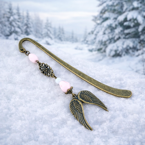 Dupla angyalszárny könyvjelző rózsaszín gyöngyökkel - meghitt karácsonyi ajándék könyvszeretőknek, Könyv & Zene, Könyvjelző, Ékszerkészítés, Gyöngyfűzés, gyöngyhímzés, MESKA