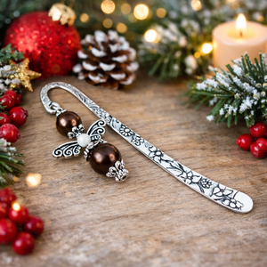 Angyal könyvjelző barna gyöngyökkel - meghitt karácsonyi ajándék könyvszeretőknek, Könyv & Zene, Könyvjelző, Ékszerkészítés, Gyöngyfűzés, gyöngyhímzés, MESKA