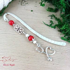 Sztetoszkóp charm könyvjelző � piros gyöngyökkel, egészségügyi dolgozóknak - könyv & zene - könyvjelző - Meska.hu