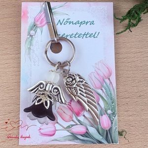 Nőnapi ajándék - fekete-fehér angyal kulcstartó ajándékkártyával, választható medállal és kártyával, Táska & Tok, Kulcstartó & Táskadísz, Kulcstartó, Ékszerkészítés, MESKA