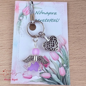Nőnapi ajándék - lila angyal kulcstartó ajándékkártyával, választható medállal és kártyával, Táska & Tok, Kulcstartó & Táskadísz, Kulcstartó, Ékszerkészítés, Gyöngyfűzés, gyöngyhímzés, MESKA