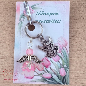 Nőnapi ajándék - rózsaszín angyal kulcstartó ajándékkártyával, választható medállal és kártyával, Táska & Tok, Kulcstartó & Táskadísz, Kulcstartó, Ékszerkészítés, Gyöngyfűzés, gyöngyhímzés, MESKA