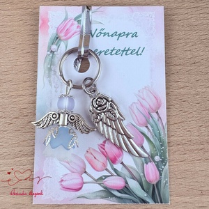 Nőnapi ajándék - kék angyal kulcstartó ajándékkártyával, választható medállal és kártyával, Táska & Tok, Kulcstartó & Táskadísz, Kulcstartó, Ékszerkészítés, Gyöngyfűzés, gyöngyhímzés, MESKA