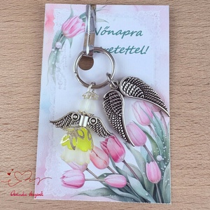 Nőnapi ajándék - sárga angyal kulcstartó ajándékkártyával, választható medállal és kártyával, Táska & Tok, Kulcstartó & Táskadísz, Kulcstartó, Ékszerkészítés, Gyöngyfűzés, gyöngyhímzés, MESKA