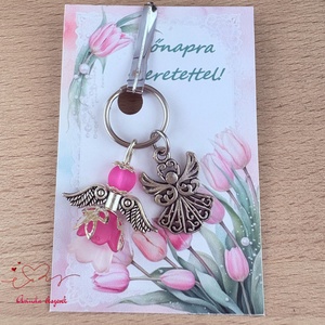 Nőnapi ajándék - pink angyal kulcstartó ajándékkártyával, választható medállal és kártyával - Meska.hu