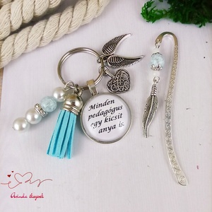 Minden pedagógus egy kicsit anya is világoskék kulcstartó és üveglencsés könyvjelző szett - táska & tok - kulcstartó & táskadísz - kulcstartó - Meska.hu