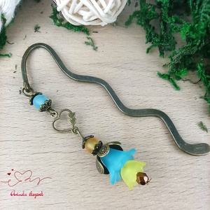 Türkiz-sárga virágos könyvjelző - Meska.hu