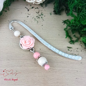 Rózsaszín rózsás könyvjelző - Anyák napi apró figyelmesség #20, Könyv & Zene, Könyvjelző, Ékszerkészítés, Gyöngyfűzés, gyöngyhímzés, MESKA