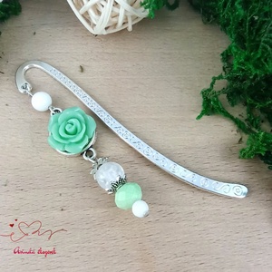 Menta rózsás könyvjelző - Anyák napi apró figyelmesség #72, Könyv & Zene, Könyvjelző, Ékszerkészítés, Gyöngyfűzés, gyöngyhímzés, MESKA