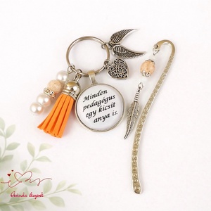 Minden pedagógus egy kicsit anya is narancs kulcstartó és üveglencsés könyvjelző szett, Táska & Tok, Kulcstartó & Táskadísz, Kulcstartó, Ékszerkészítés, Gyöngyfűzés, gyöngyhímzés, MESKA