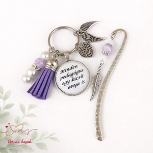 Minden pedagógus egy kicsit anya is lila kulcstartó és üveglencsés könyvjelző szett, Táska & Tok, Kulcstartó & Táskadísz, Kulcstartó, Ékszerkészítés, Gyöngyfűzés, gyöngyhímzés, MESKA